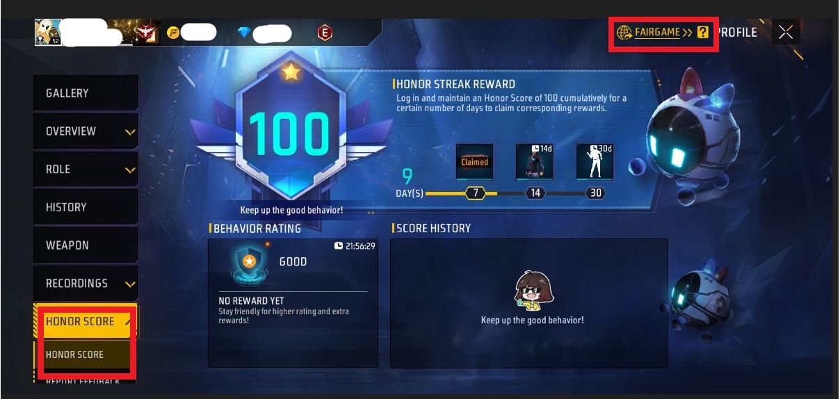 Interface de profil en jeu Free Fire affichant la valeur et l'historique du Score d'Honneur