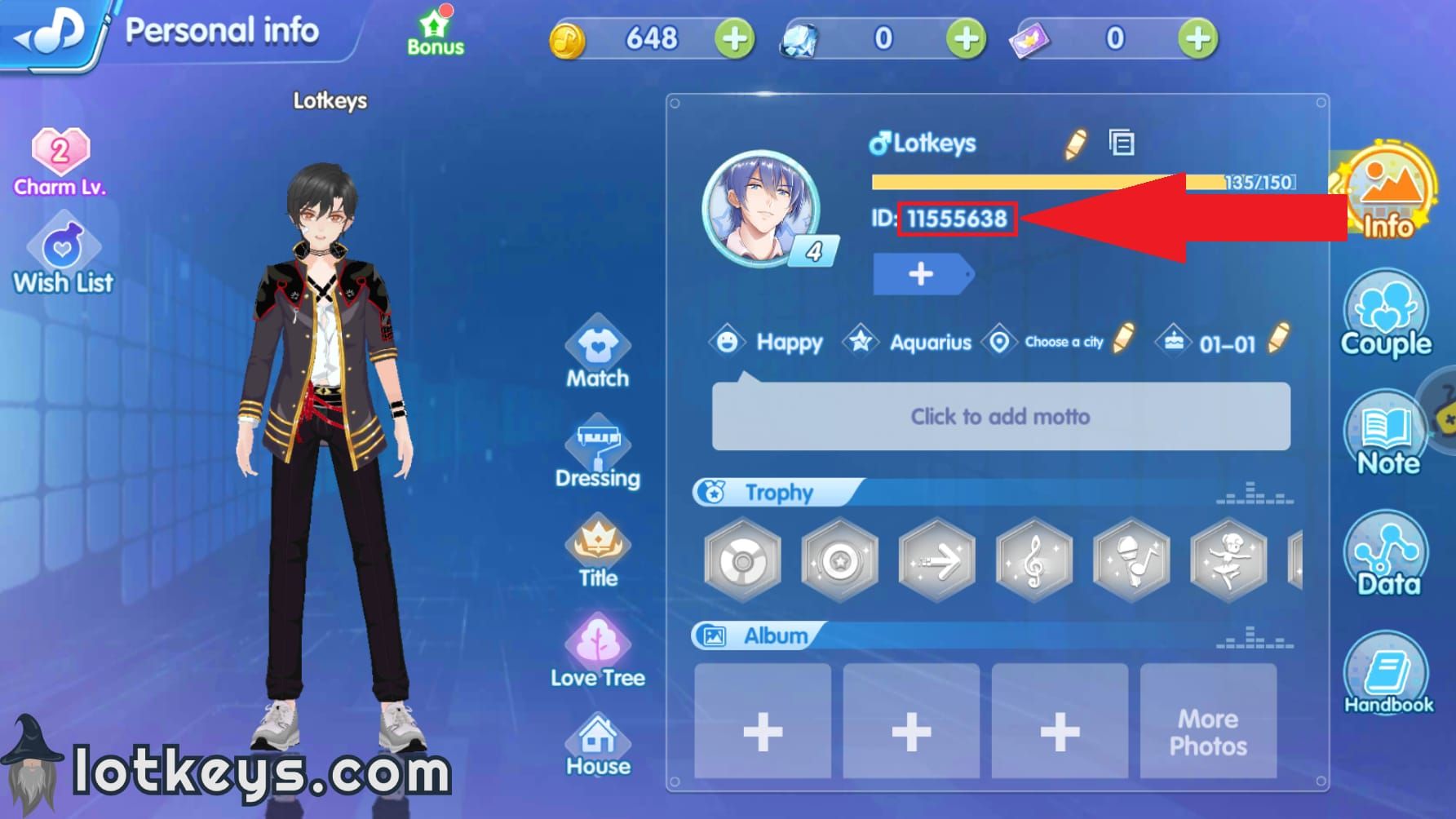 Tela de perfil de Diamantes de Idol Party exibindo o ID de Usuário para recarga