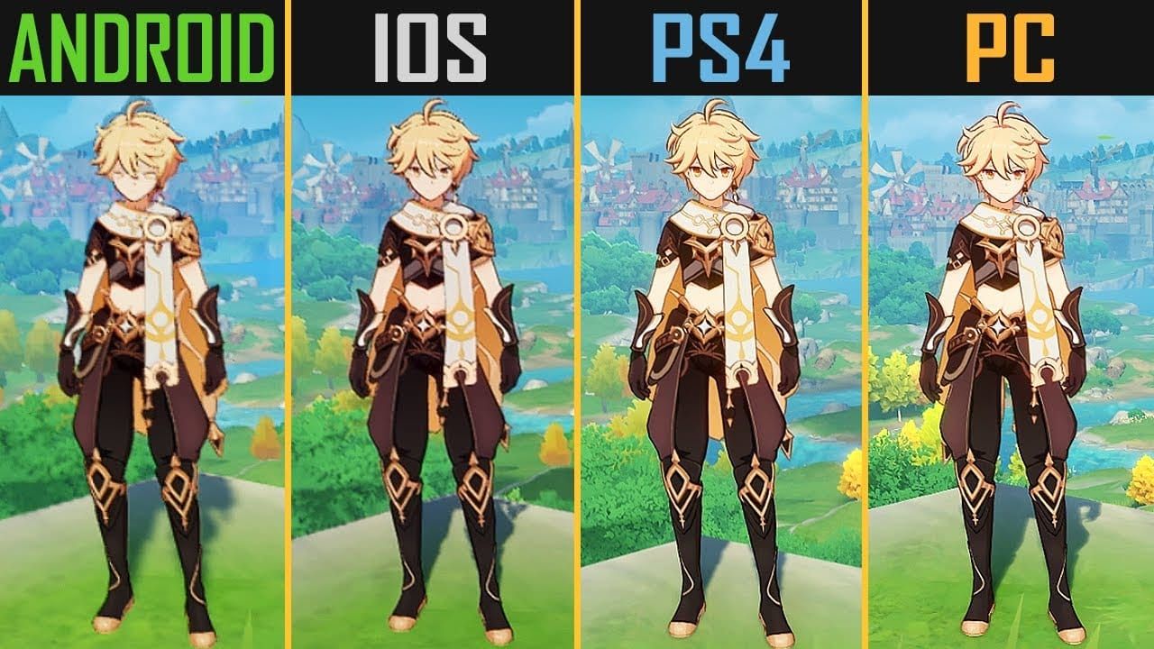 Comparison chart showing all platforms that support Genshin Impact including PC, mobile, PlayStation, and upcoming Xbox