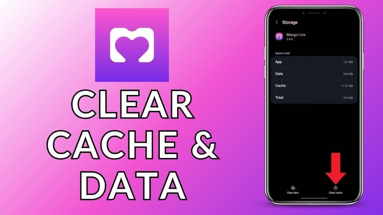 Panduan instruksi tangkapan layar untuk menghapus cache aplikasi Mango Live Diamonds di Android dan iOS