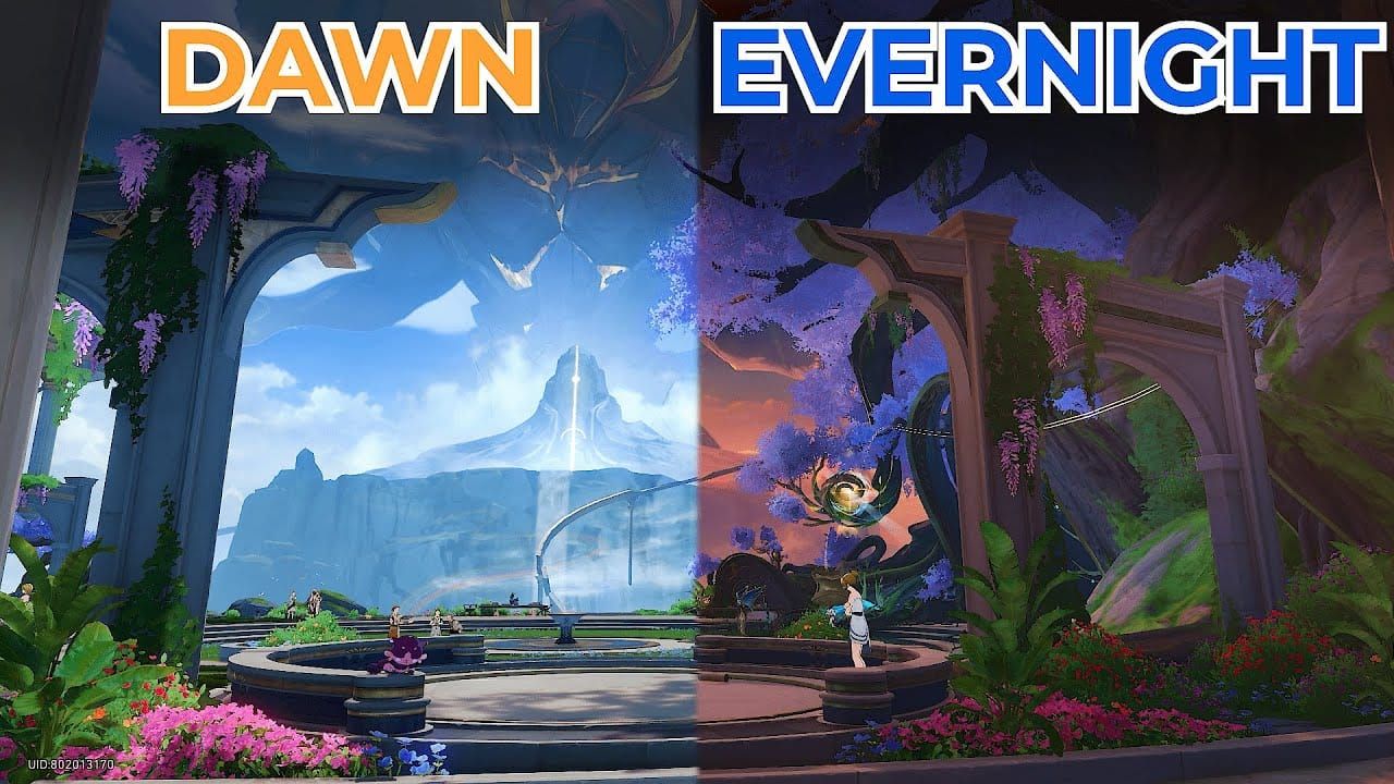 Comparison of Dawn and Evernight states in Amphoreus showing temporal differences in Honkai Star Rail