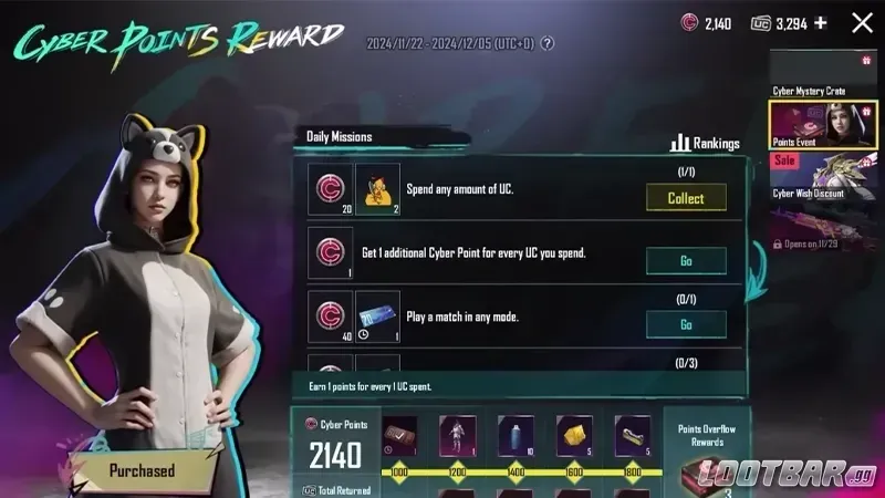 Skrin acara PUBG Mobile Cyber Week 2025 memaparkan sistem mata dan ganjaran yang tersedia