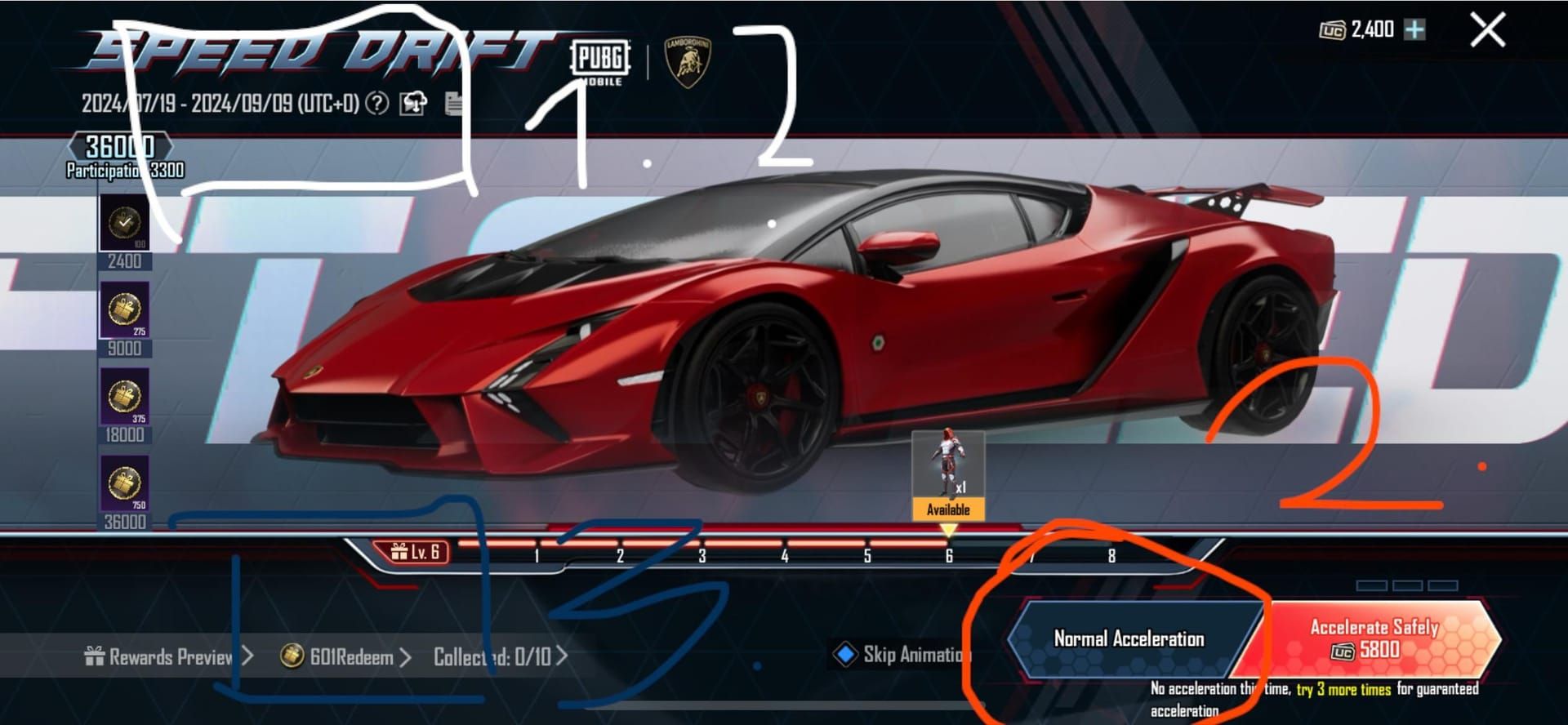 PUBG Mobile Speed Drift event reward track interface with levels and prizes