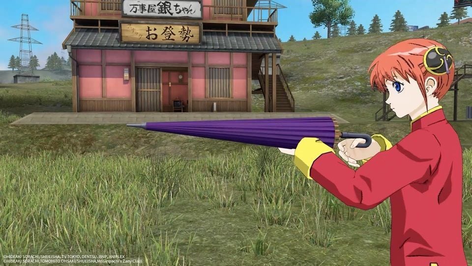 Free Fire character equipped with Gintama themed bundle aiming weapon in match