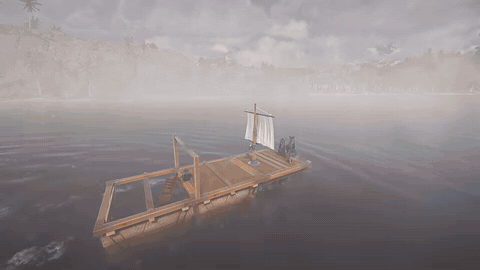 Clipe animado de uma pequena balsa se transformando em um navio maior de vários conveses em Once Human Isles of Abyss