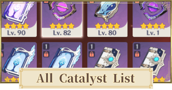 Catalyst weapons comparison showing energy recharge and elemental mastery stats