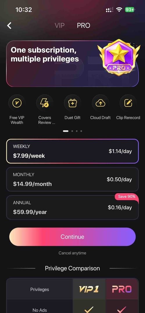 已取消 StarMaker VIP 訂閱確認的 iOS 截圖