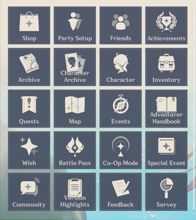 Genshin Impact Paimon-Menü mit der Feedback-Option für den Support
