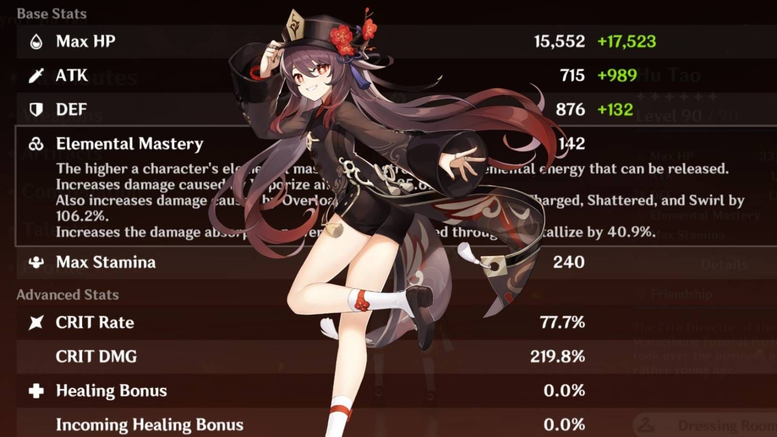 Интерфейс характеристик персонажа Шеврёз, отображающий высокие значения HP и оптимизацию сборки