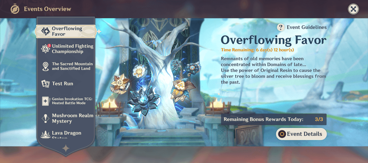 Genshin Impact Overflowing Favor Event-Oberfläche, die doppelte Artefakt-Dungeon-Belohnungen anzeigt