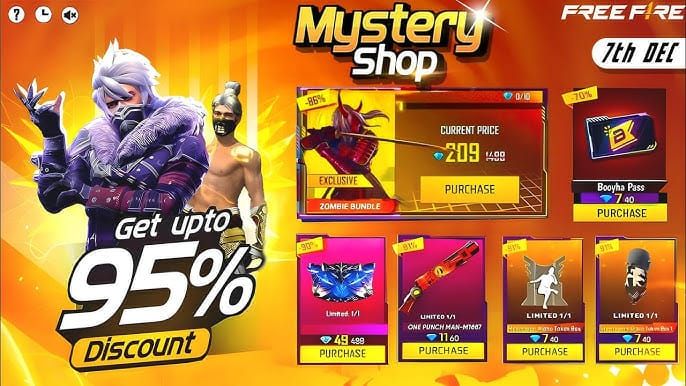 Free Fire Mystery Shop interface met diamond spin kosten en pity systeem