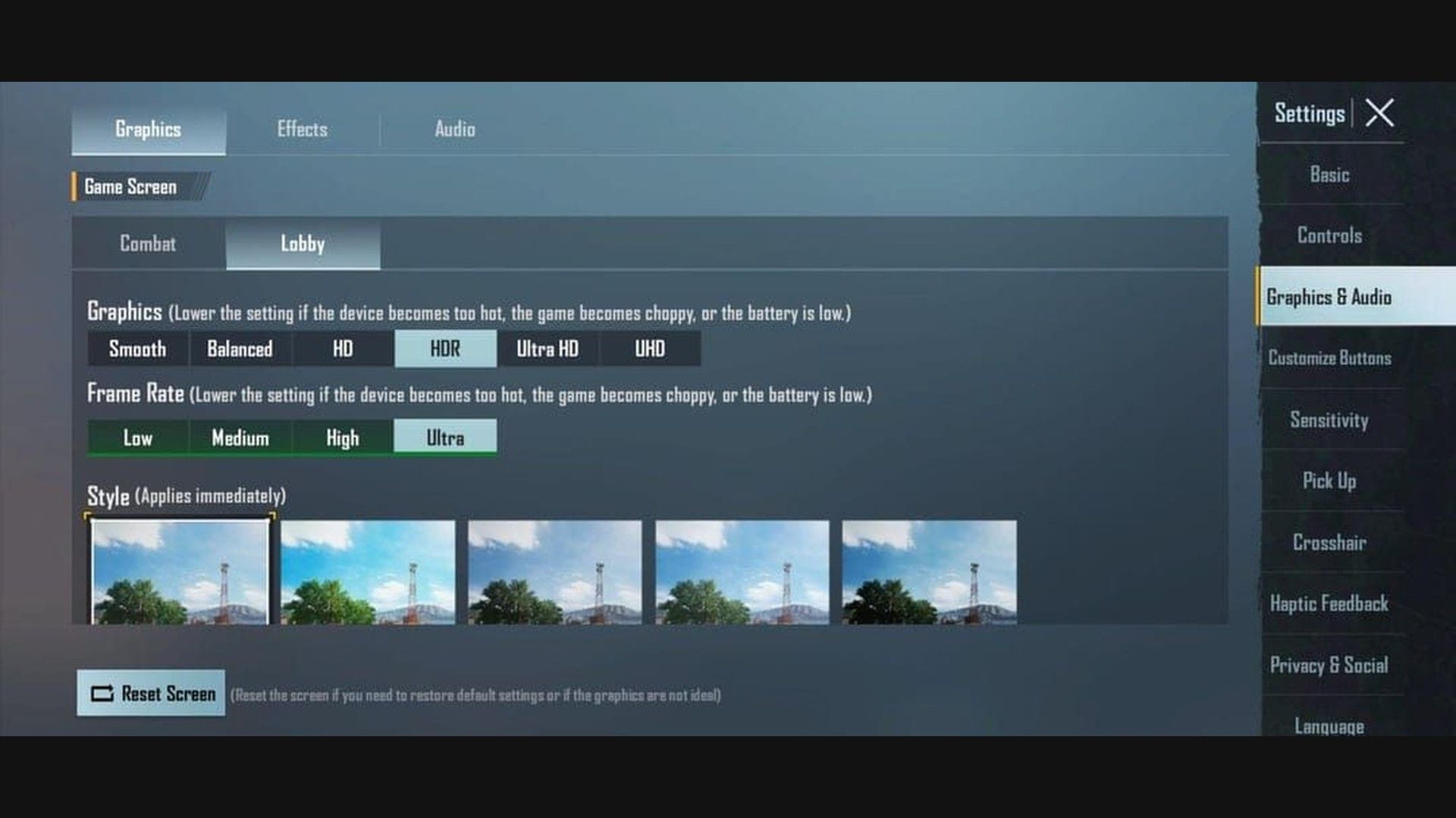 เลือกกราฟิก PUBG Mobile แบบ HDR แต่อัตราเฟรมค้างอยู่ที่ Ultra