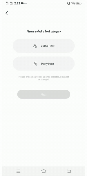 Mango Live 主播申请的动态屏幕录制：选择 Video Host 或 Party Host，点击 Next，然后绑定手机号码