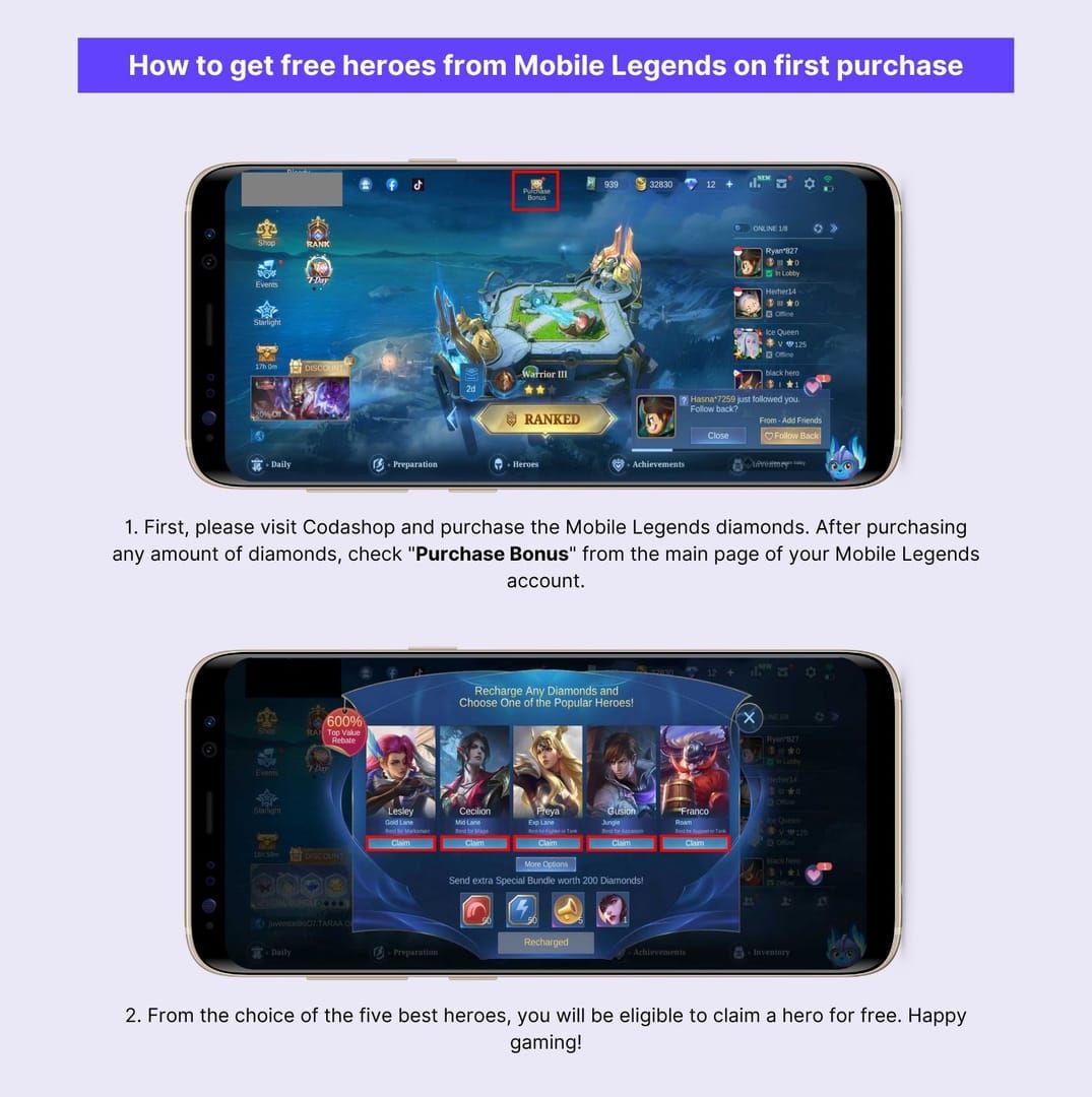 Mobile Legends first-time purchase bonus screen showing double diamond rewards