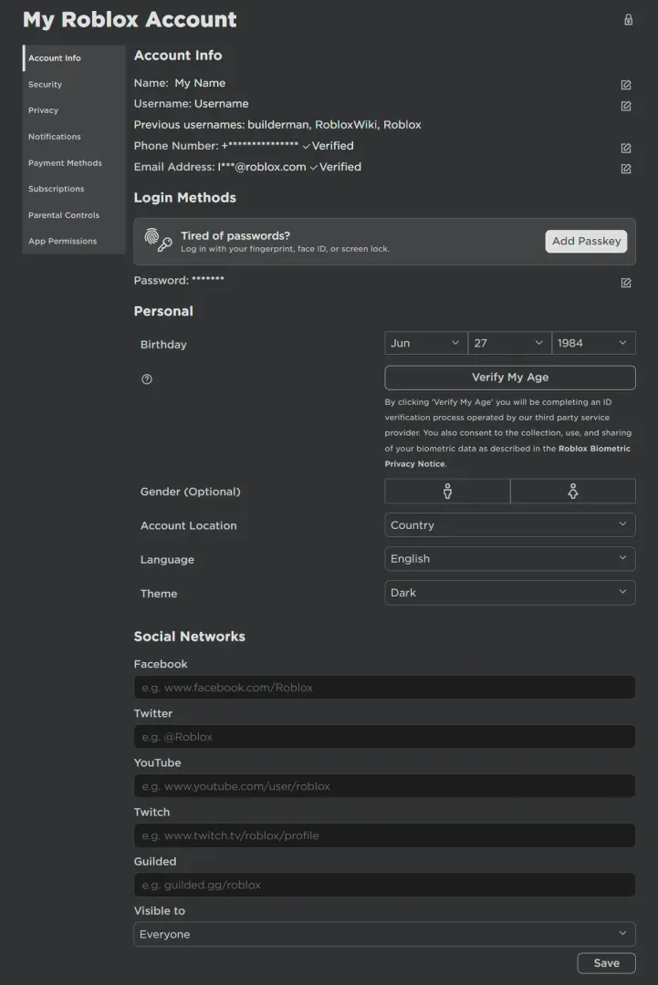 Pengaturan lokasi info akun Roblox