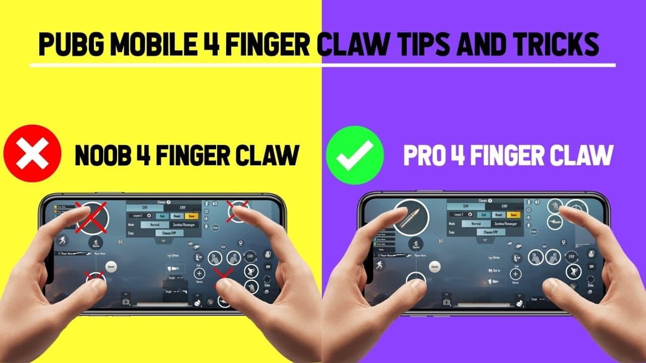 4-finger claw grip positioning guide with finger assignments labeled on PUBG Mobile interface