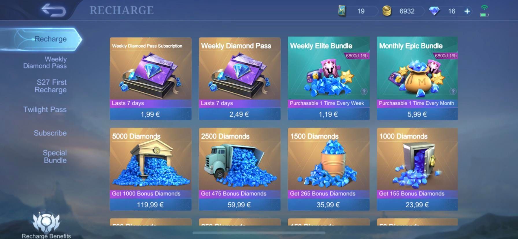 Mobile Legends Bang Bang diamond purchase packages displaying various amounts and prices