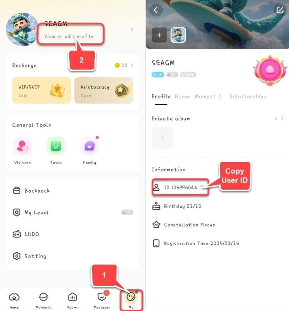 나 > 프로필 메뉴 아래에 숫자 사용자 ID가 표시된 SUGO 앱 프로필 화면