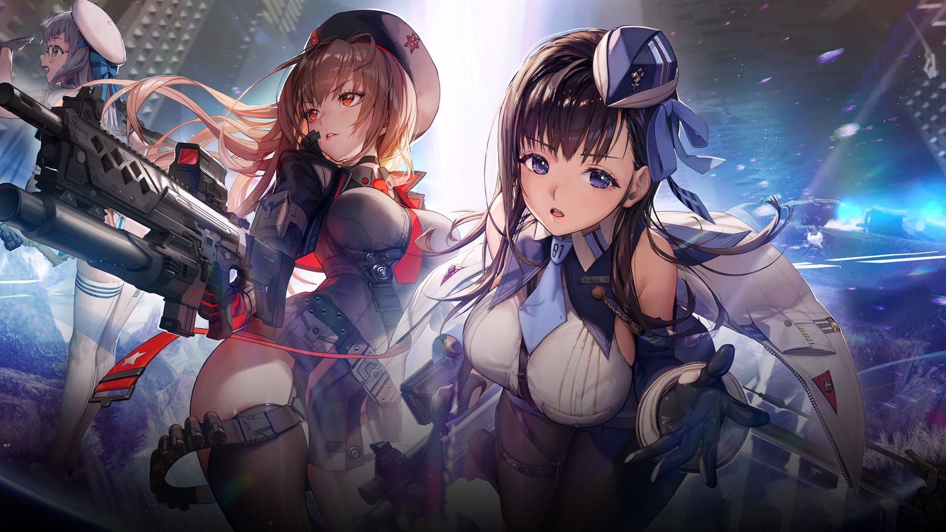 Official NIKKE landscape key art of Rapi, Marian, and Neon