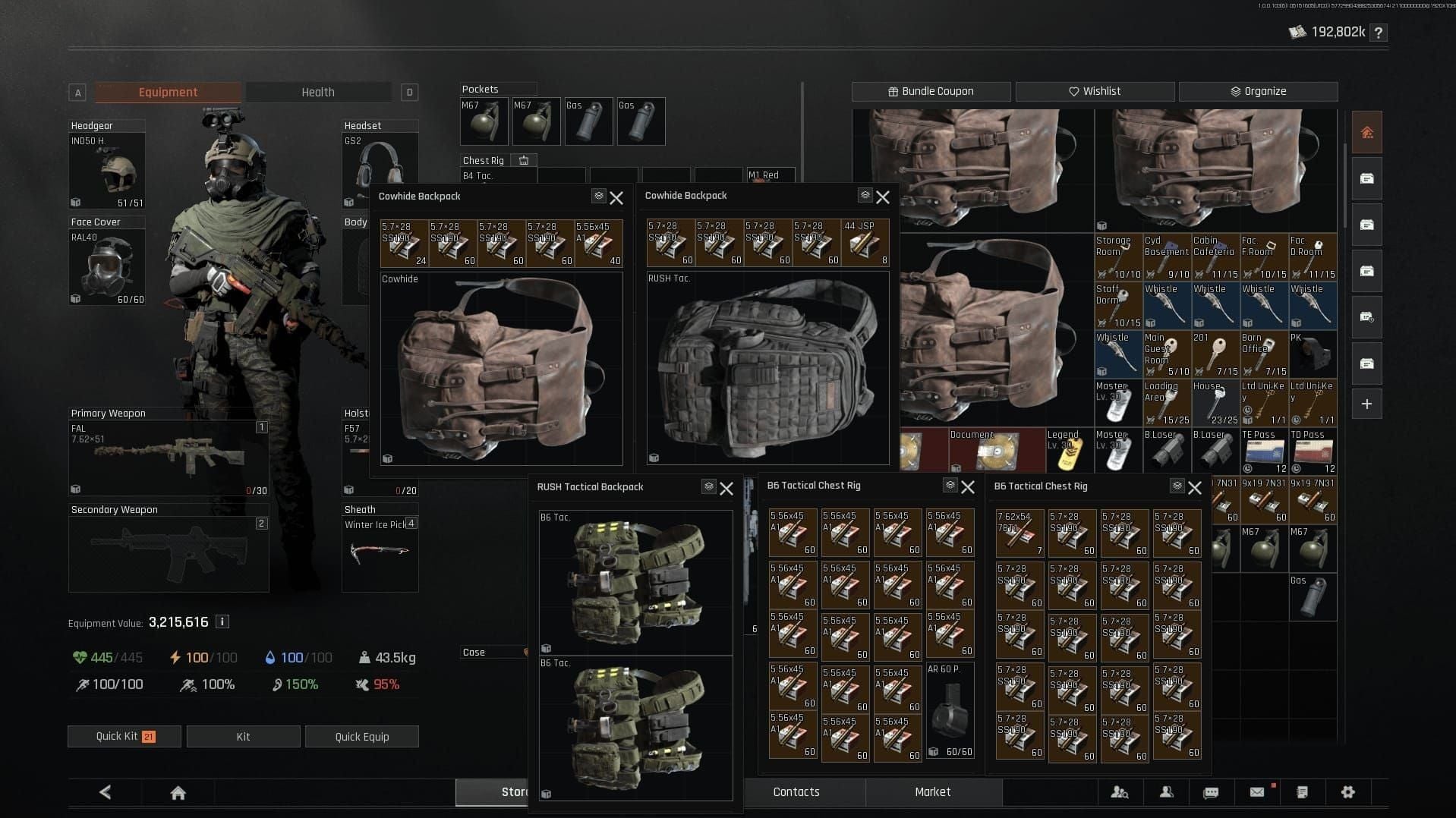 Arena Breakout stash inventory screen with items