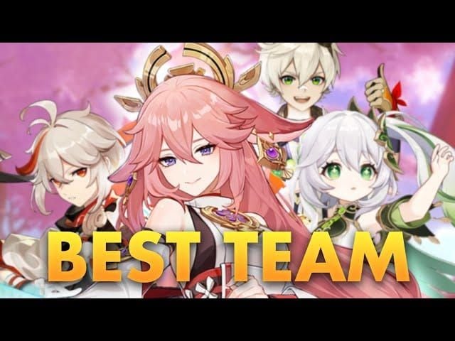 Equipe de Genshin Impact com Yae Miko, Nahida, Alhaitham e Kazuha