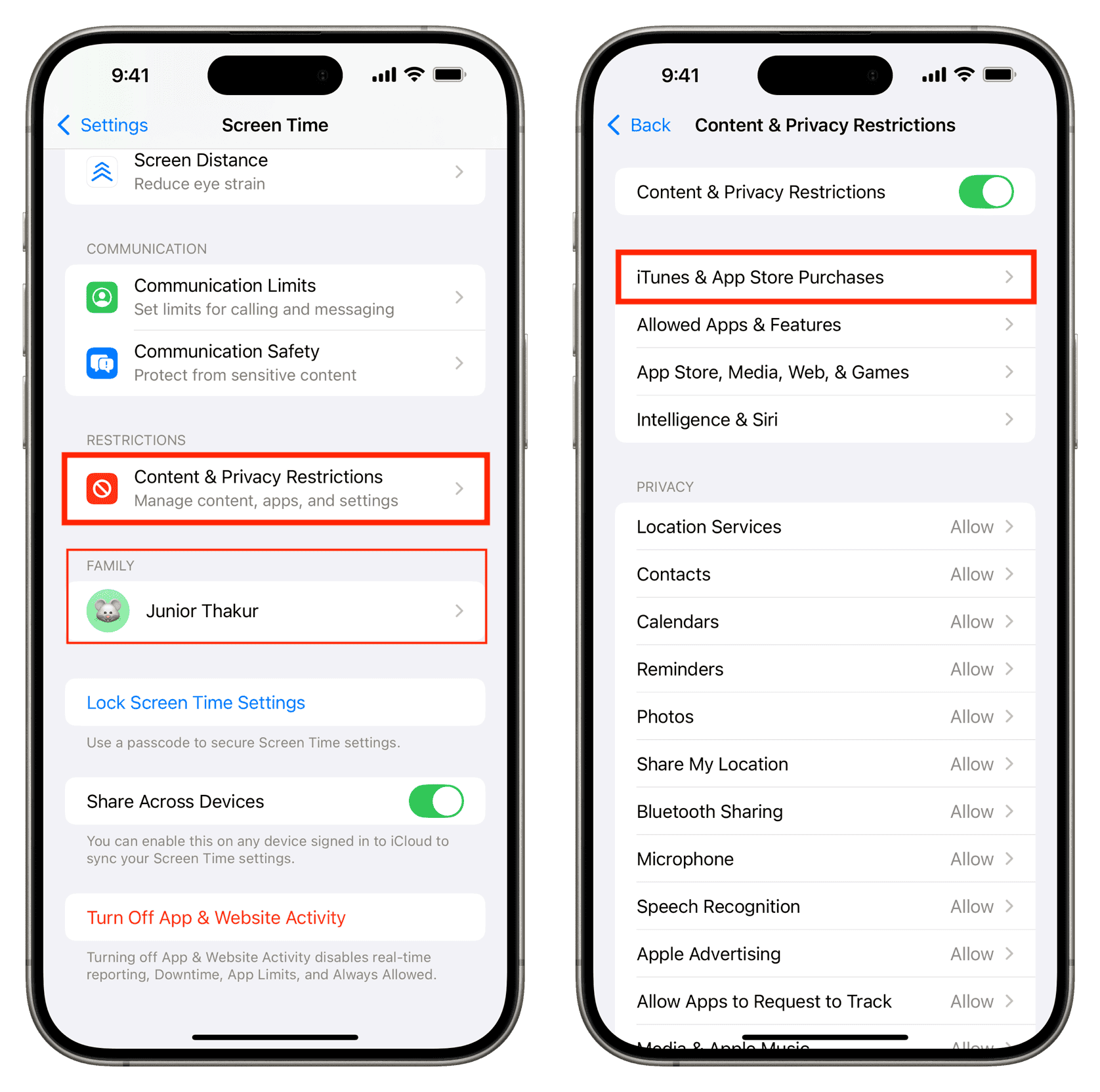 Schermata di Tempo di utilizzo con acquisti in-app impostati su Non consentire