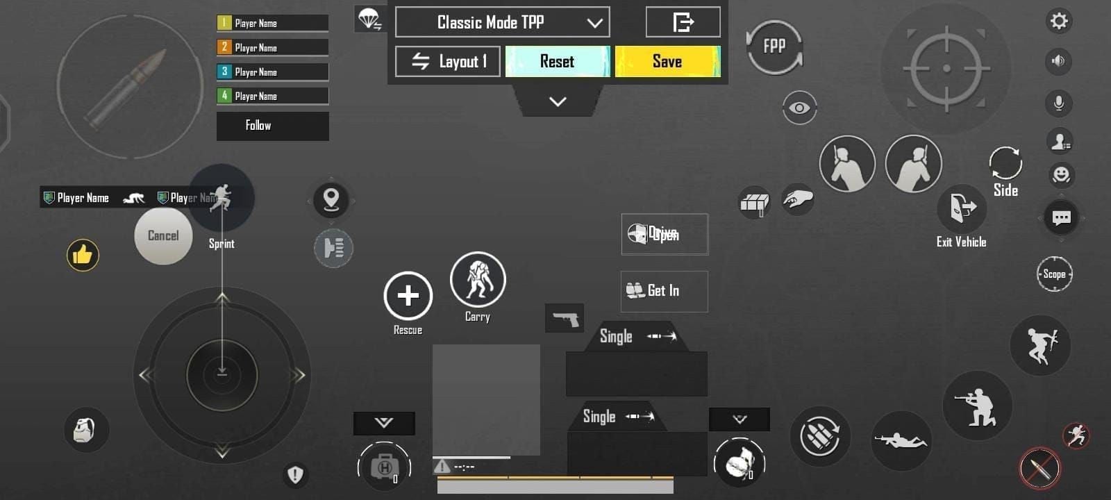 HUD pro 4prstý claw v PUBG Mobile po importu kódu rozvržení s tlačítkem střelby vlevo nahoře