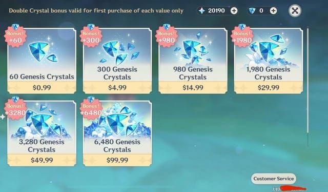 Chart showing Genshin Impact first-time purchase bonus structure with doubled Genesis Crystal values