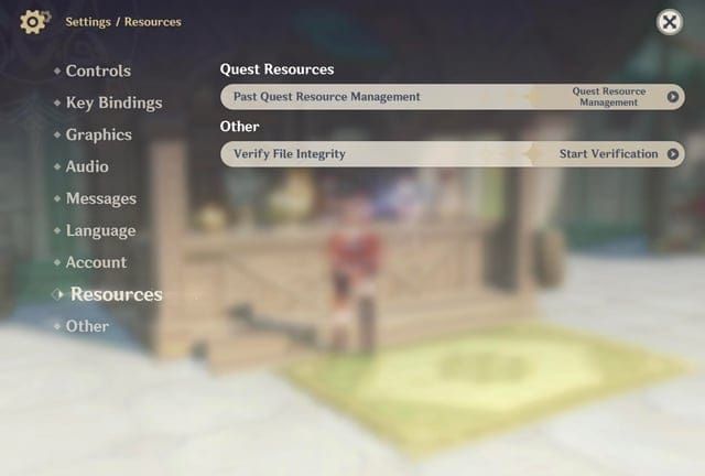 Skrin pemilihan Pengurusan Sumber Pencarian Lalu Genshin Impact