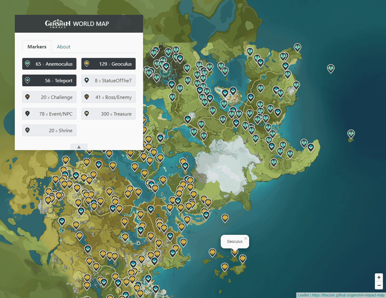 Interactive map filter menu displaying various collectible categories and filtering options