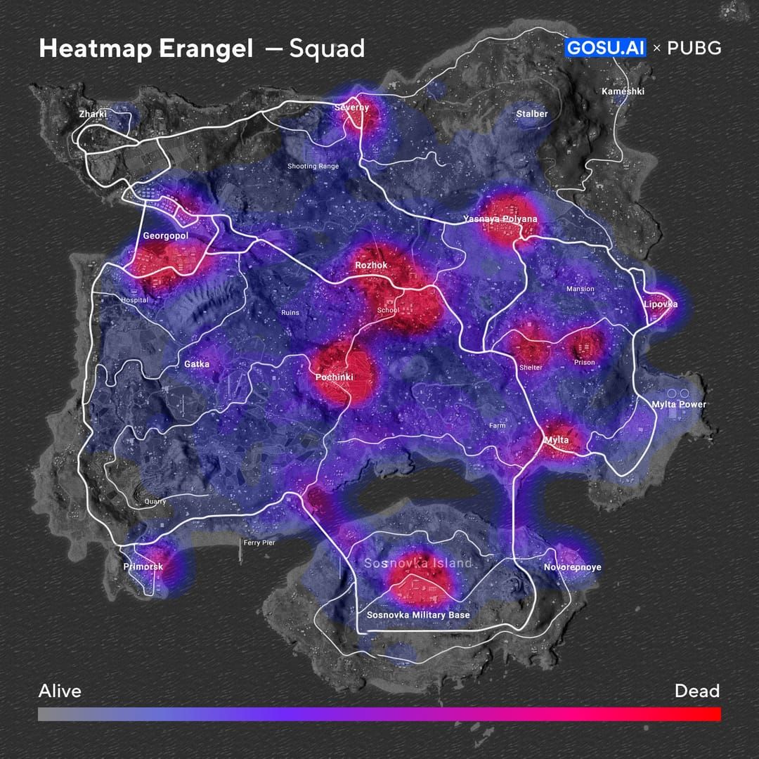 Carte Erangel de PUBG Mobile montrant les positions stratégiques et les recommandations d'équipement