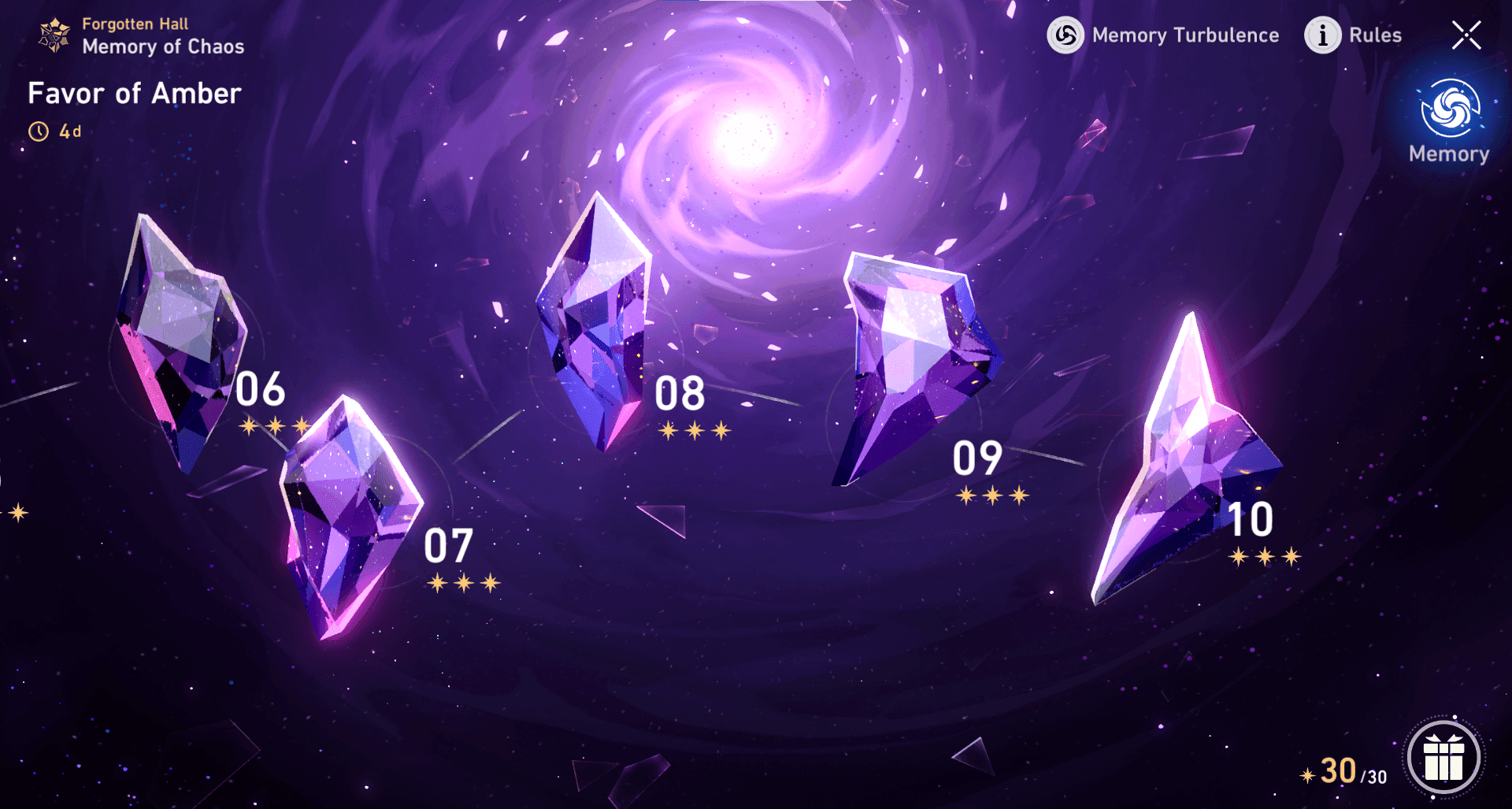 Memory of Chaos interface in Honkai Star Rail showing progression floors