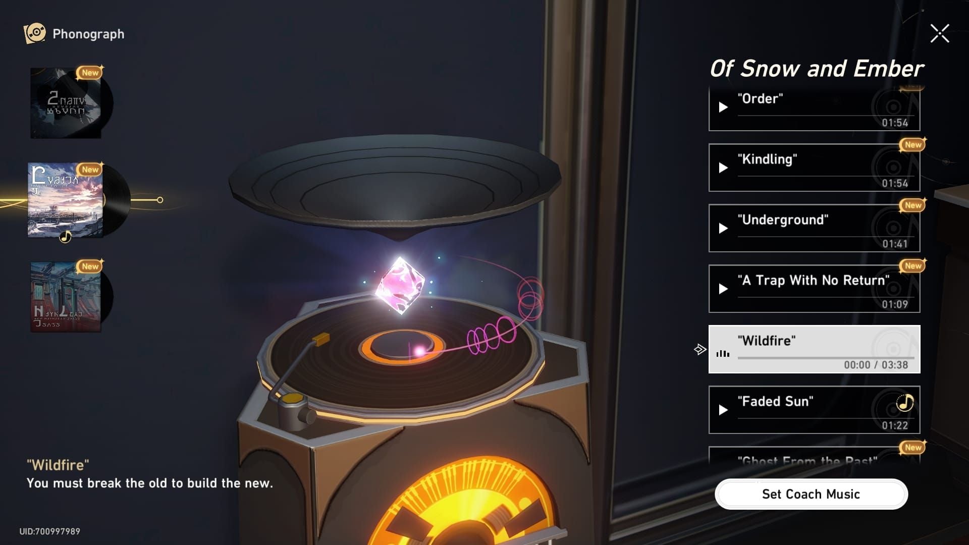 Interfaz del menú del Fonógrafo de Honkai Star Rail mostrando el disco de Radio Colonipenal Hope Is the Thing With Feathers