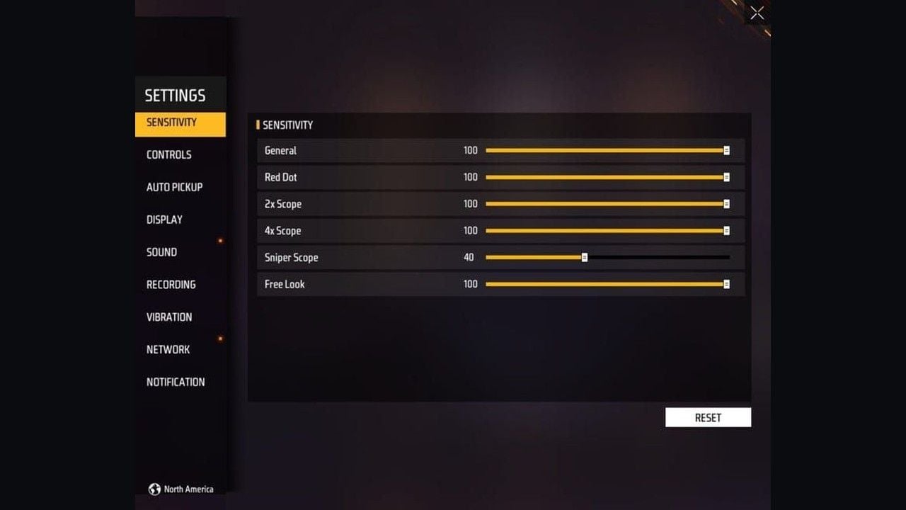 Free Fire sensitivity sliders for General, Red Dot, scopes, and Free Look