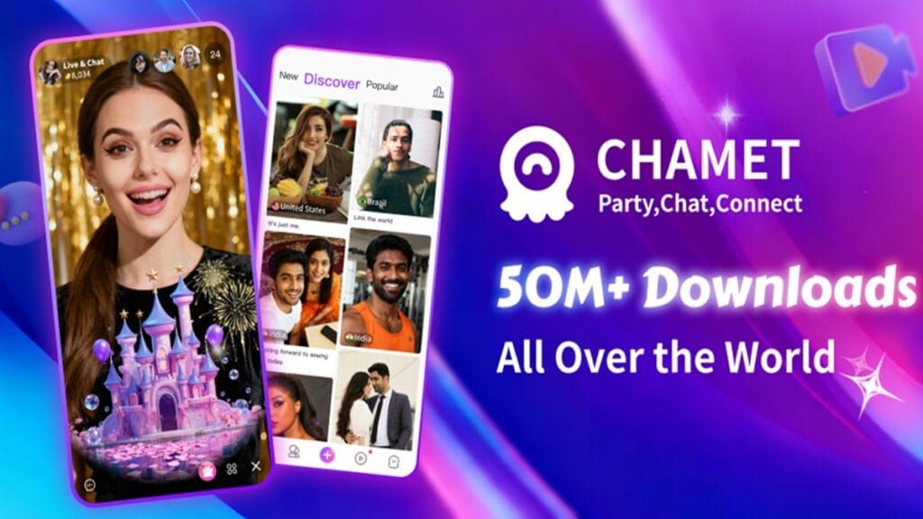 Rozhraní pro výběr místnosti Chamet Live Party ukazující různé party místnosti s různými úrovněmi hostitelů a počty účastníků