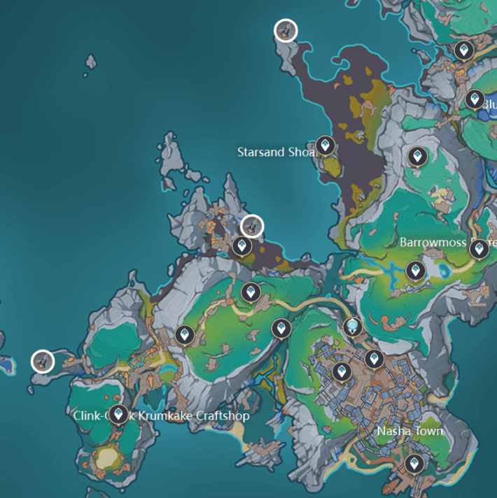 Harta Genshin Impact Nod-Krai marcând locațiile relicvelor lui Sigurd