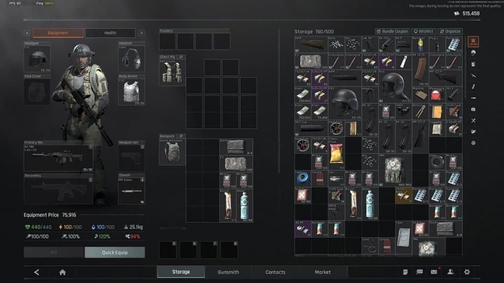 Arena Breakout Quick Equip menu showing automatic loadout selection