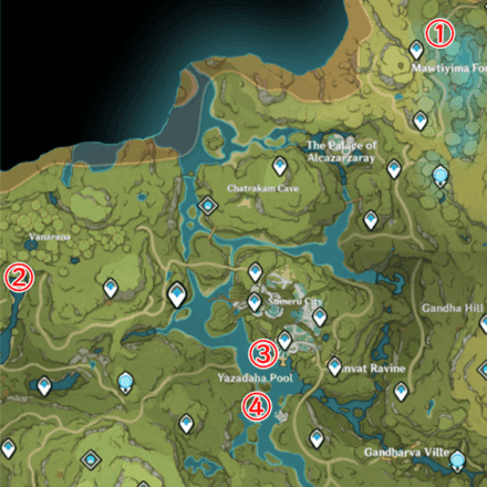 Genshin Impact Sumeru region fishing spots map