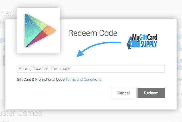 Google Play Store interface showing gift card redemption steps