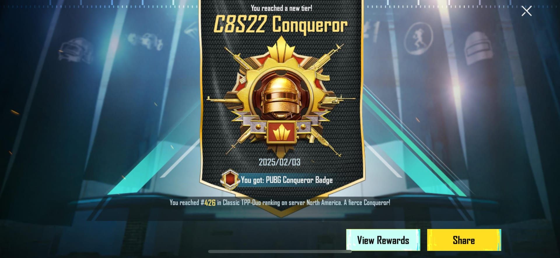 PUBG Mobile Conqueror rank interface showing leaderboard and achievement requirements