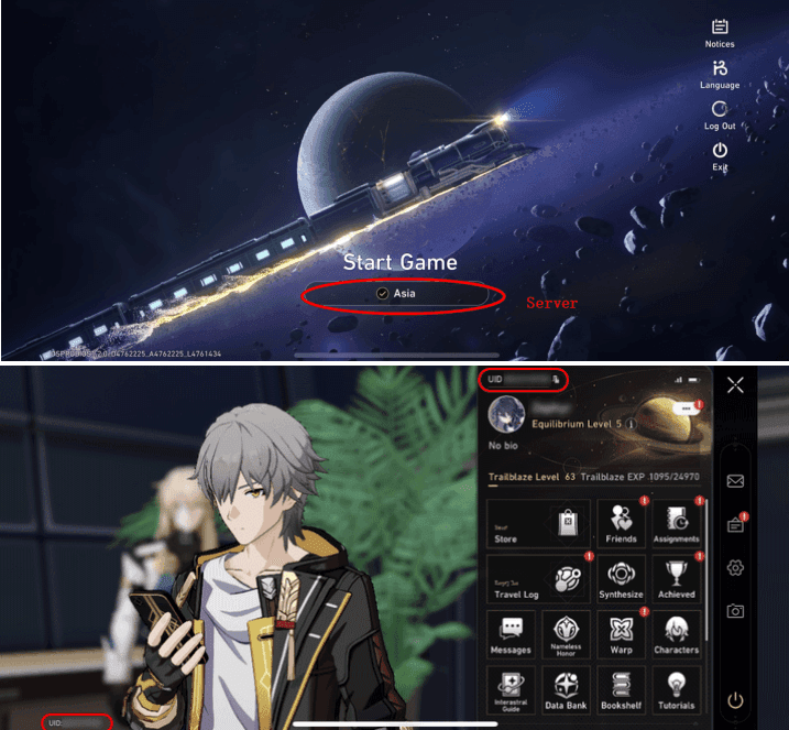 Honkai Star Rail game interface showing UID location in bottom-left corner