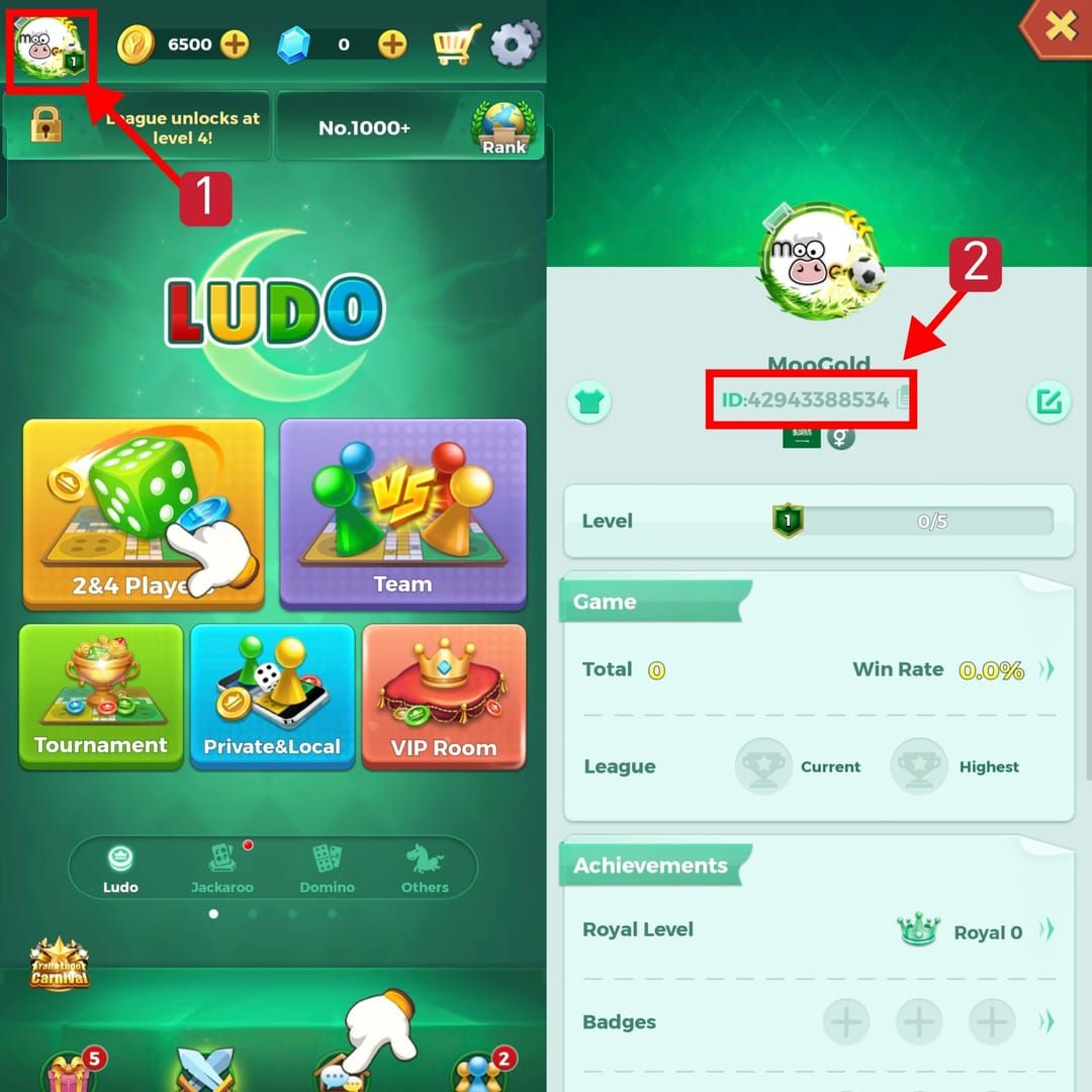 Interface de perfil do Yalla Ludo Global destacando o ID de Jogador (UID) de 11 dígitos para recargas seguras
