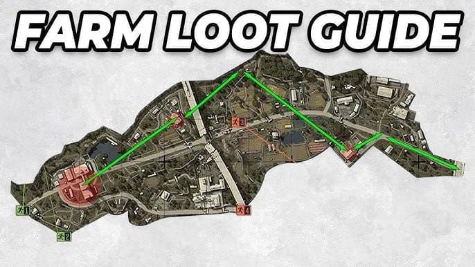 도구 창고, 관리 건물, 변전소 및 기타 주요 위치를 통한 최적 경로를 보여주는 아레나 브레이크아웃 공항 맵 파밍 경로