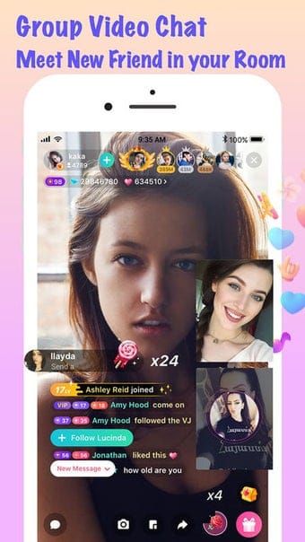 활발한 영상 대화에 여러 참가자가 있는 MICO Live 룸 인터페이스