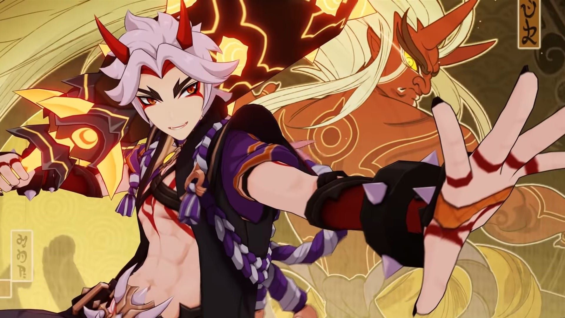 Itto from Genshin Impact in his elemental burst state showing enhanced combat abilities