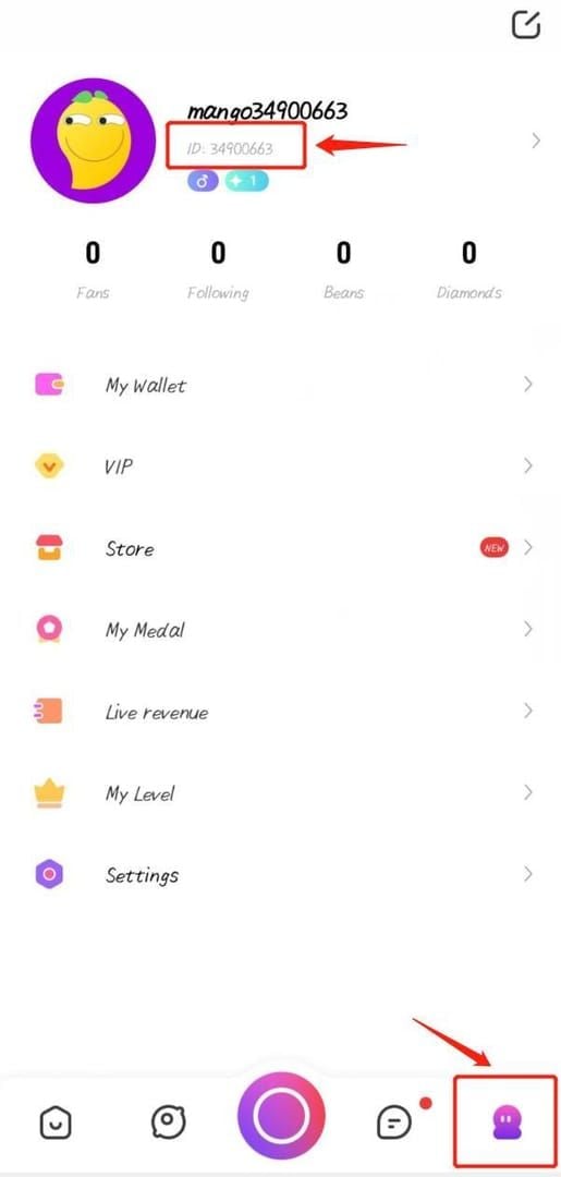 Ecran de profil Mango Live Diamonds care afișează ID-ul de utilizator