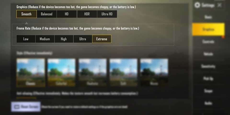 PUBG Mobile optimal graphics configuration guide for budget phones with recommended settings highlighted