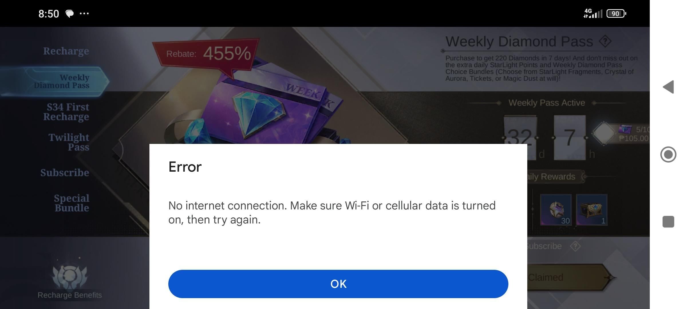 Mobile Legends diamonds recharge screen showing payment error pop-up on Android
