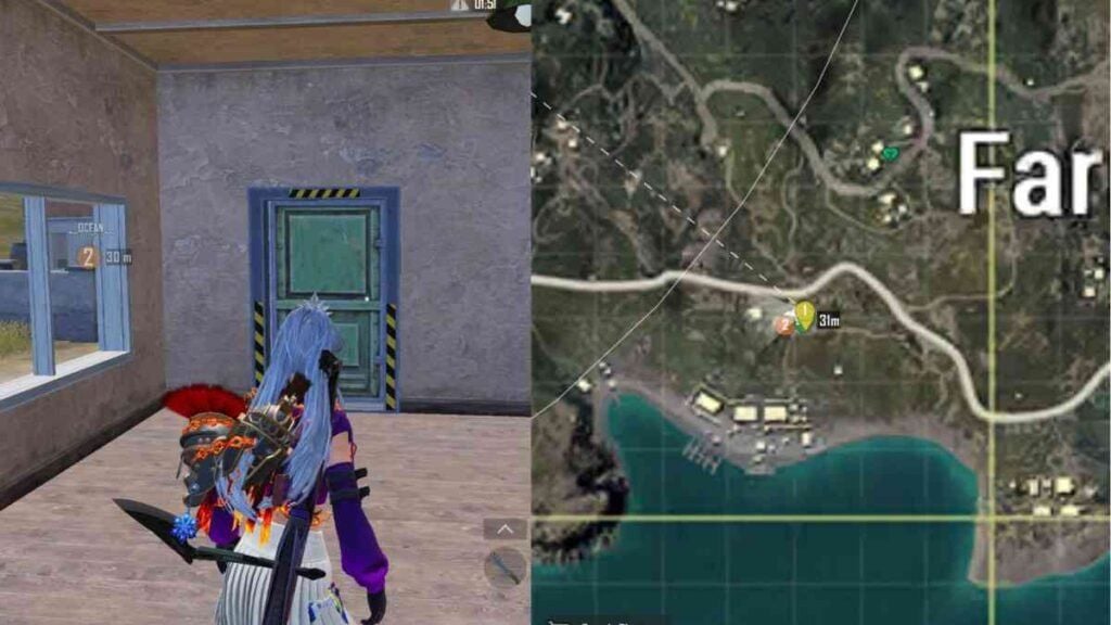 Farm secret vault: green metal door with hazard stripes and the Erangel minimap pin