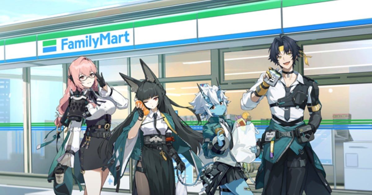 FamilyMart exclusive Zenless Zone Zero collaboration items including acrylic stands and trading badges